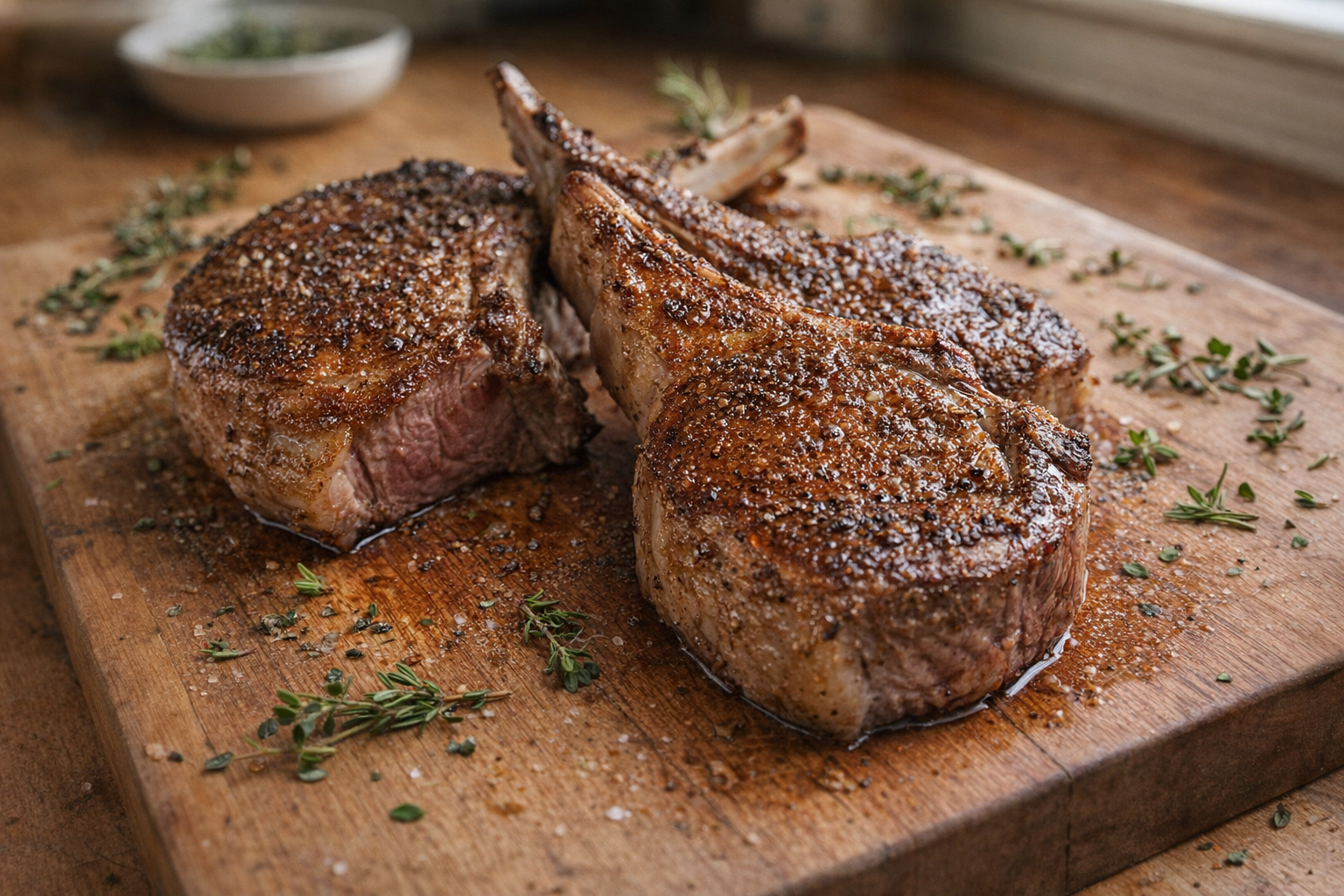A close-up, overhead shot of perfectly seared lamb chops with a glistening crust, resting on a wooden cutting board, herbs scattered around, natural light